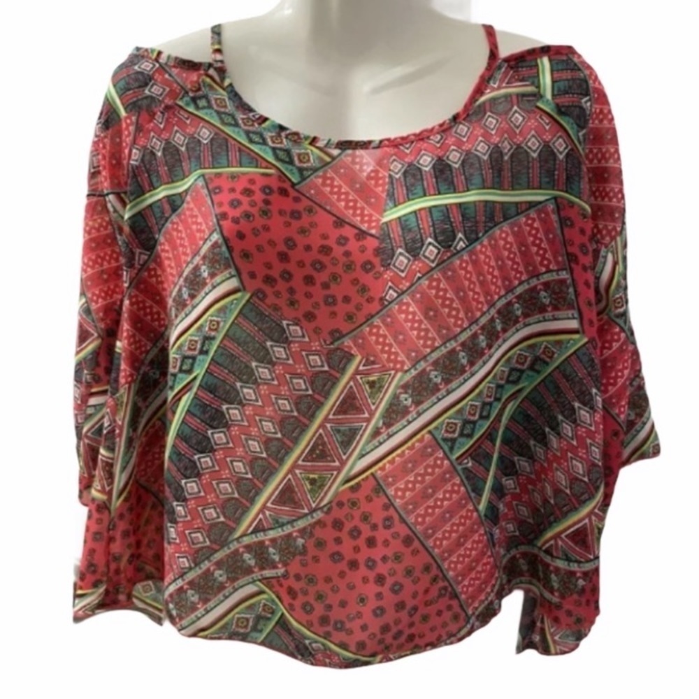 Nabee Women's Paisley Cold Shoulder Bell Sleeve Boho Crop Top Blouse Size Small